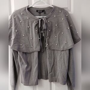 Badgley Mischka Gray Pearl Embellished Capelet Cardigan BS640006 NWT Medium